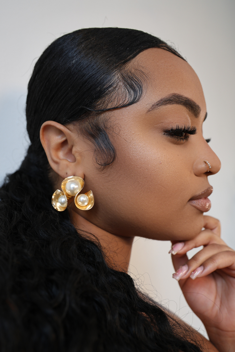 Gold Triple Looped Cream Pearl Earrings