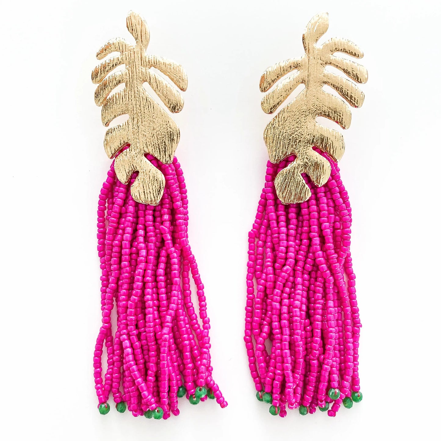 Gold Leaf and Pink Tassel Earrings