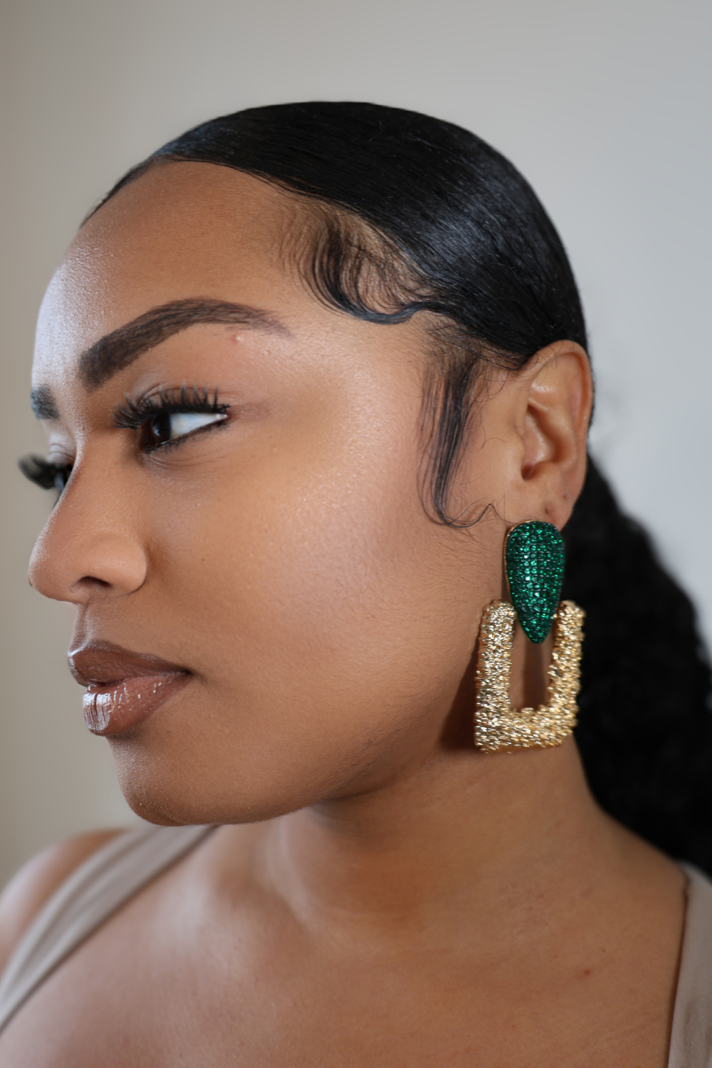 Drop Edgy Green Stone Hinge Gold Square Earrings