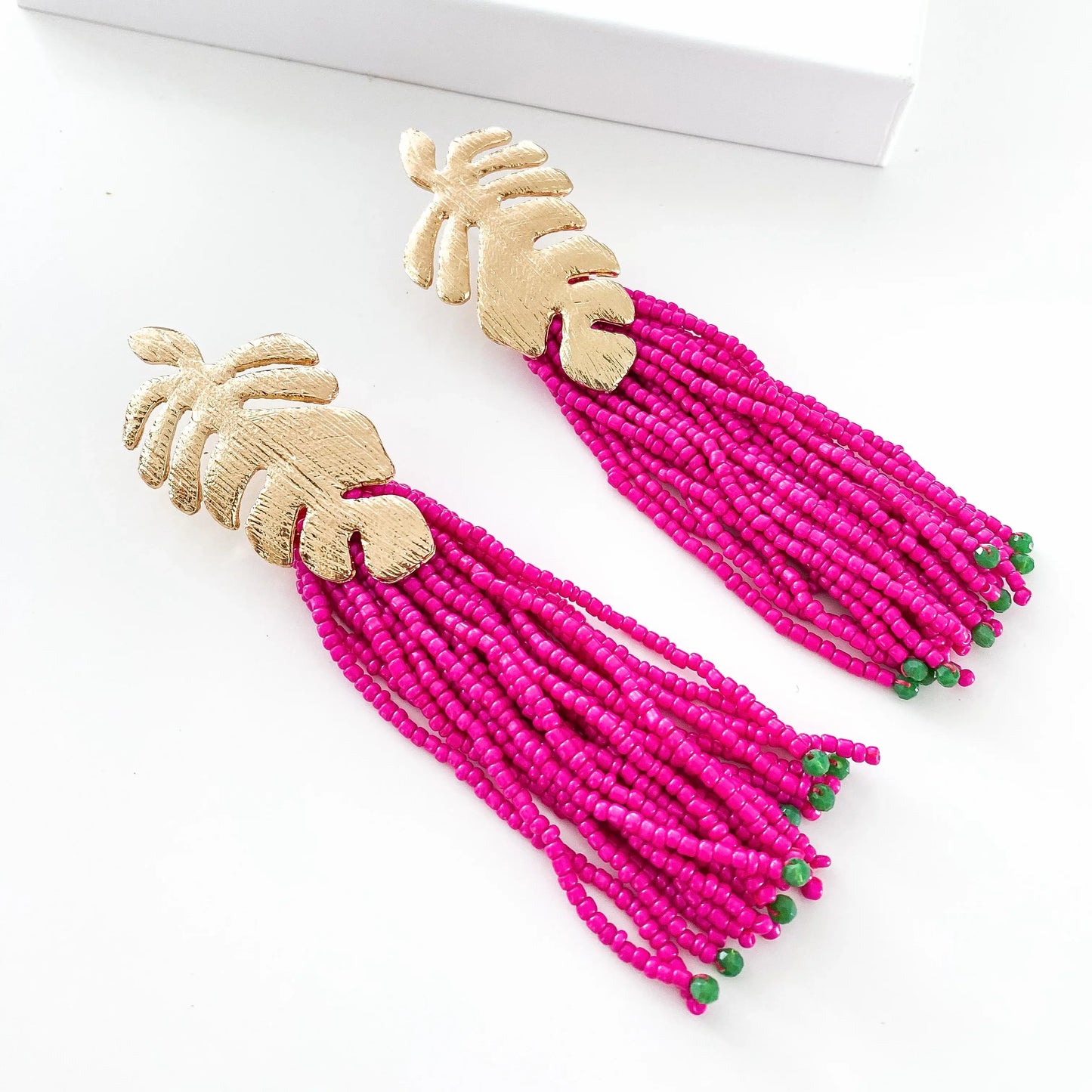 Gold Leaf and Pink Tassel Earrings