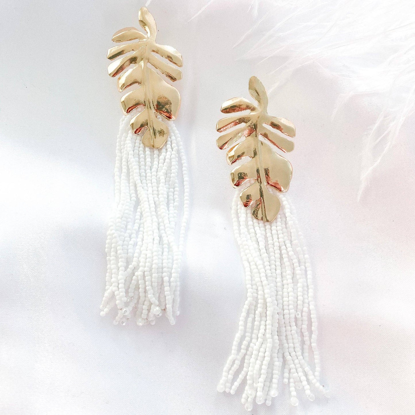Gold Leaf and White Tassel Earrings