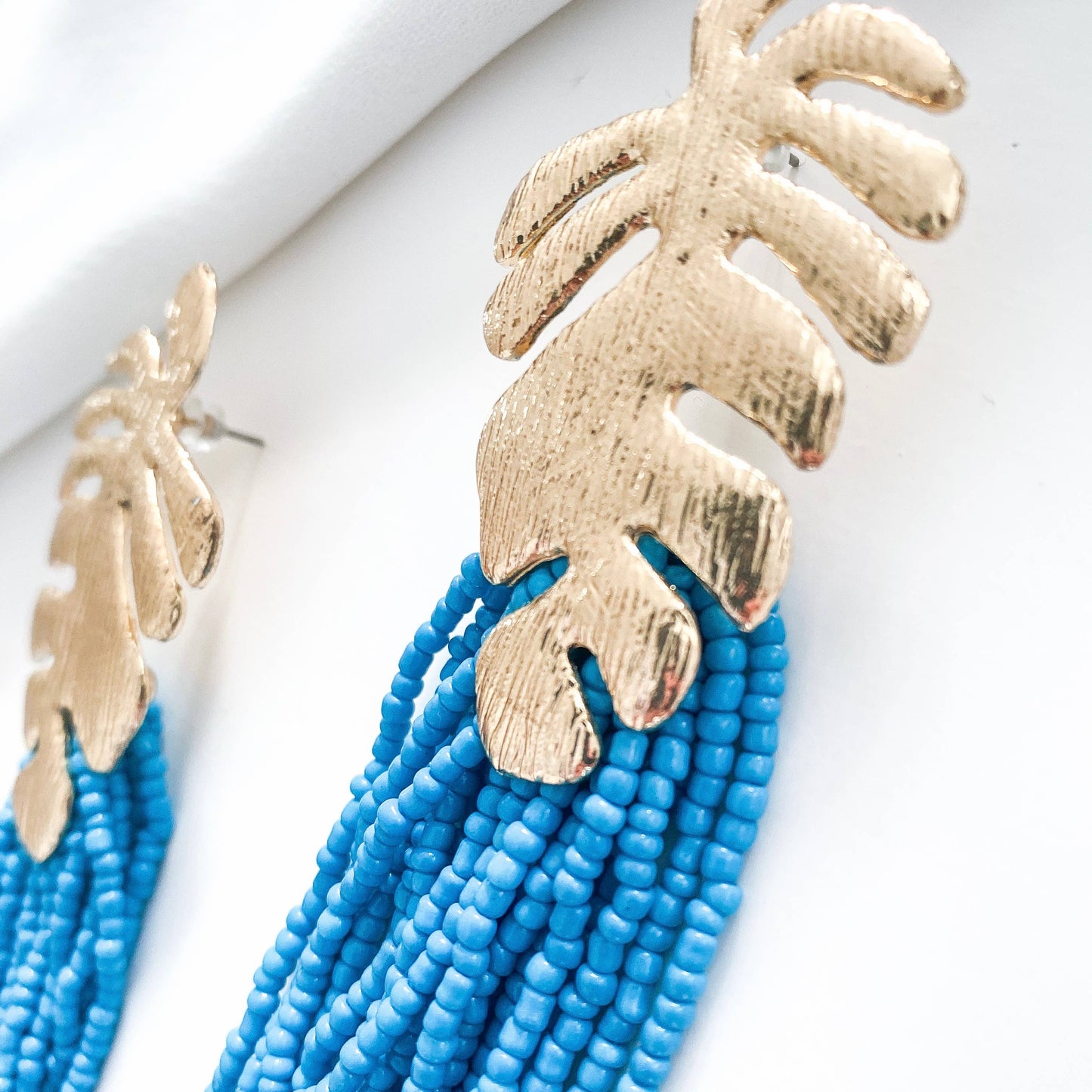 Gold Leaf and Blue Tassel Earrings