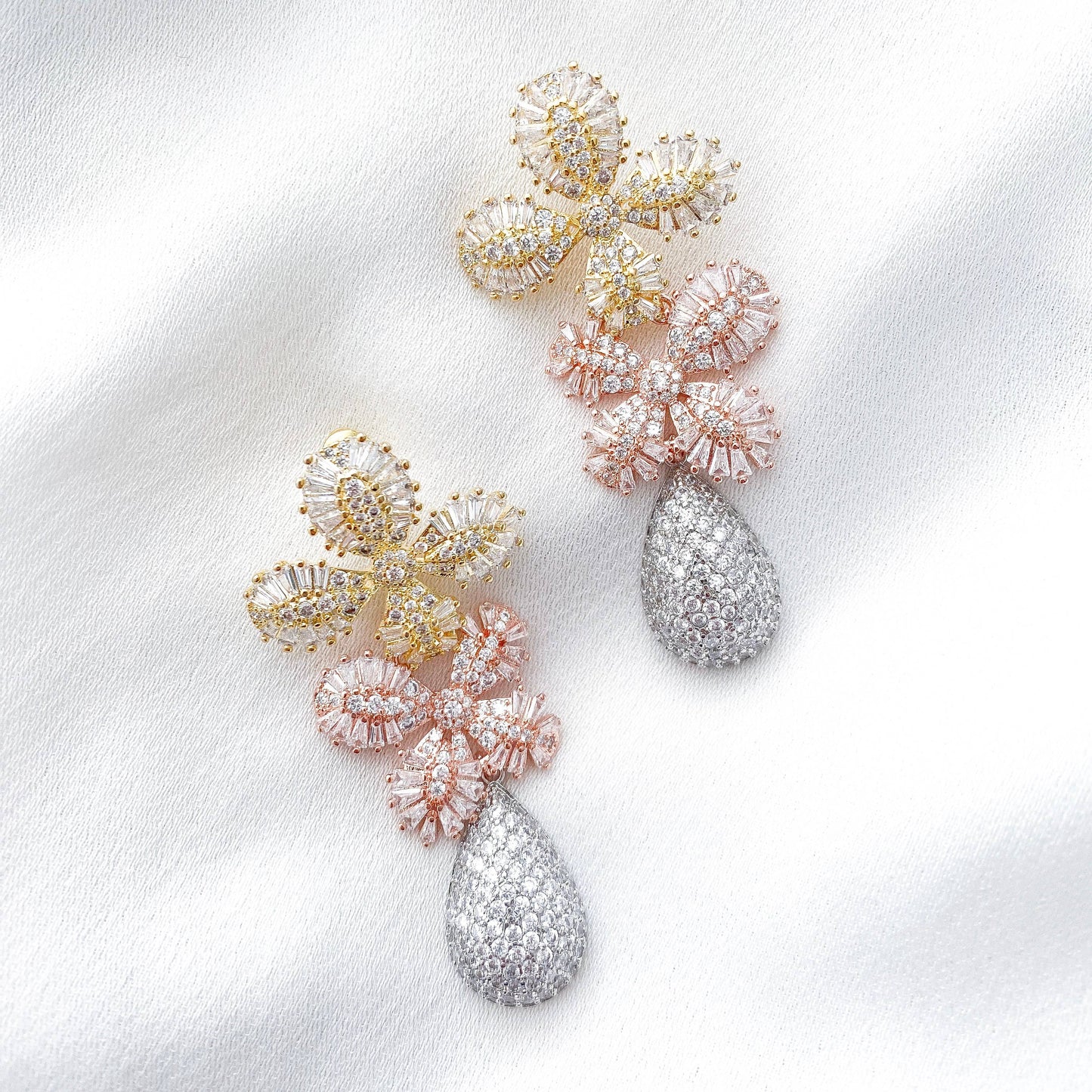 Gold, Rose Gold and Silver Crystal Flower earrings
