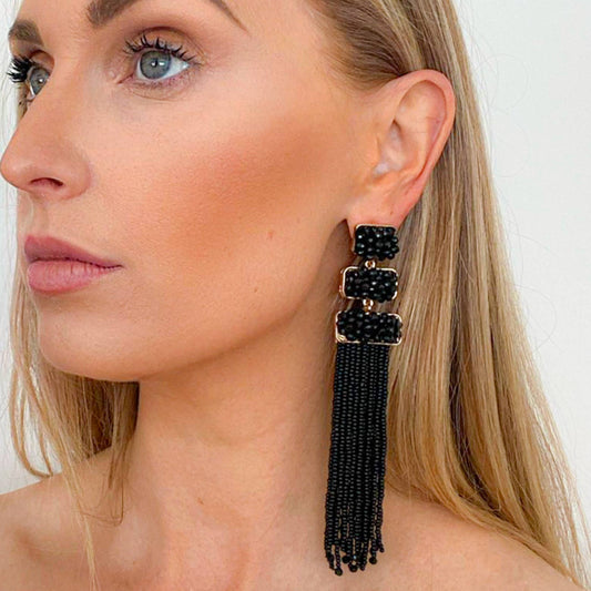 Black Beaded Tassel Earrings