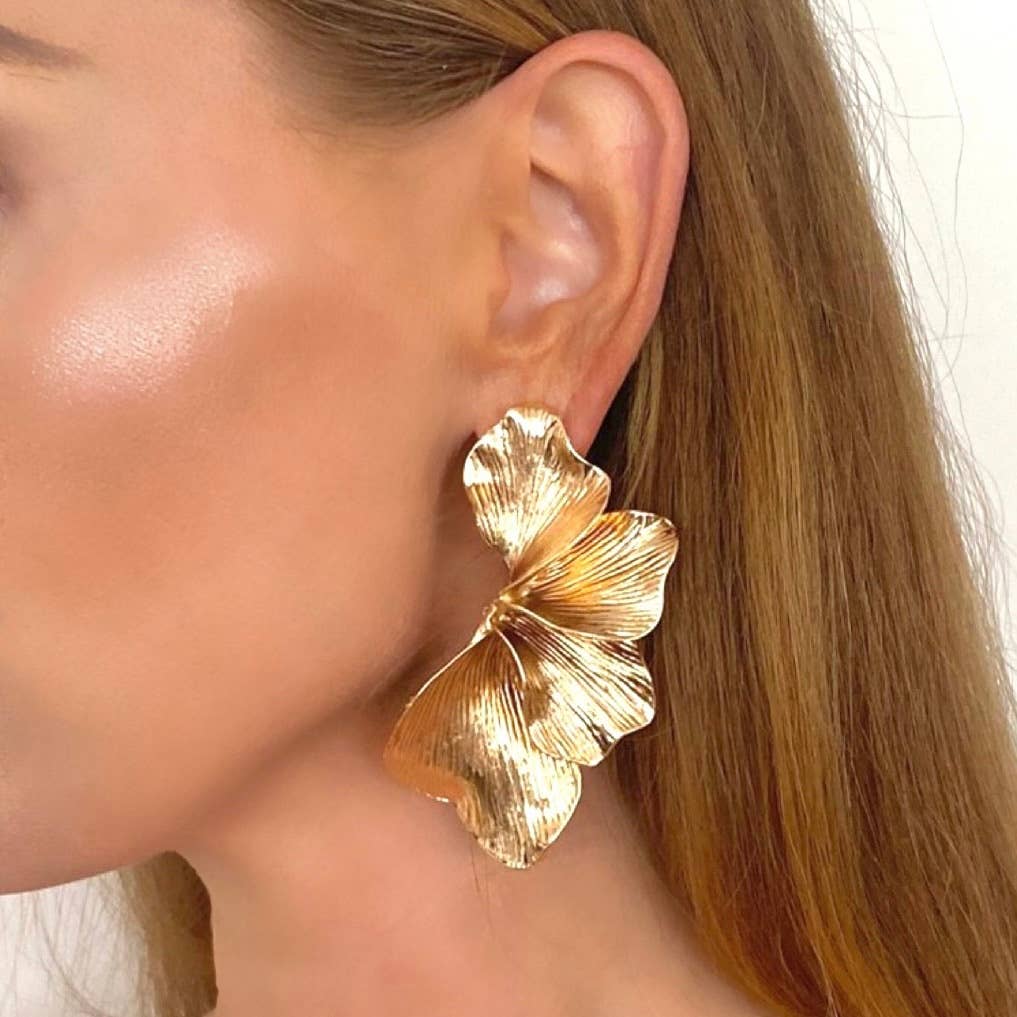 Statement Gold Iris Petal Flower Earrings I