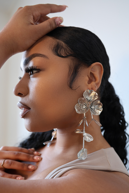 Waterfall Statement Silver Flower Drop Earrings