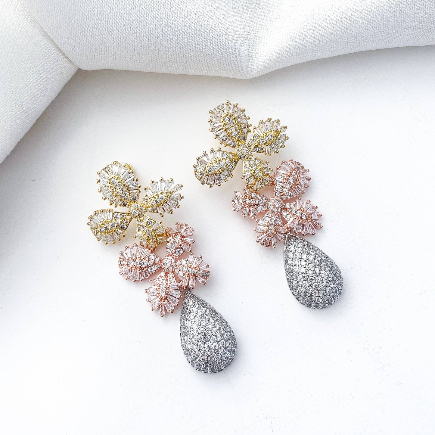 Gold, Rose Gold and Silver Crystal Flower earrings