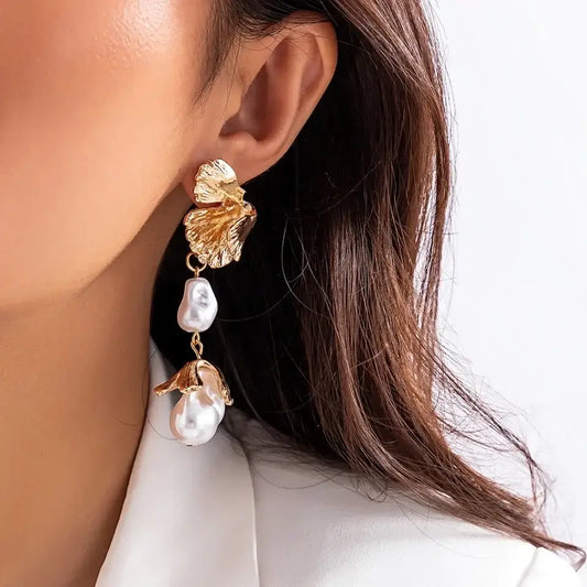 Pearl Petal Drop Statement Earrings